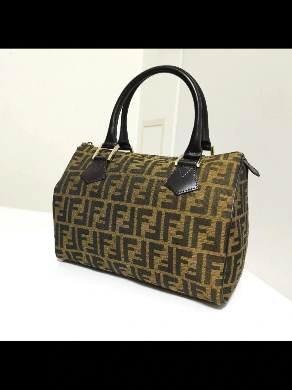 Fendi Brown FF Monogram Canvas Satchel with Black Leather Handles